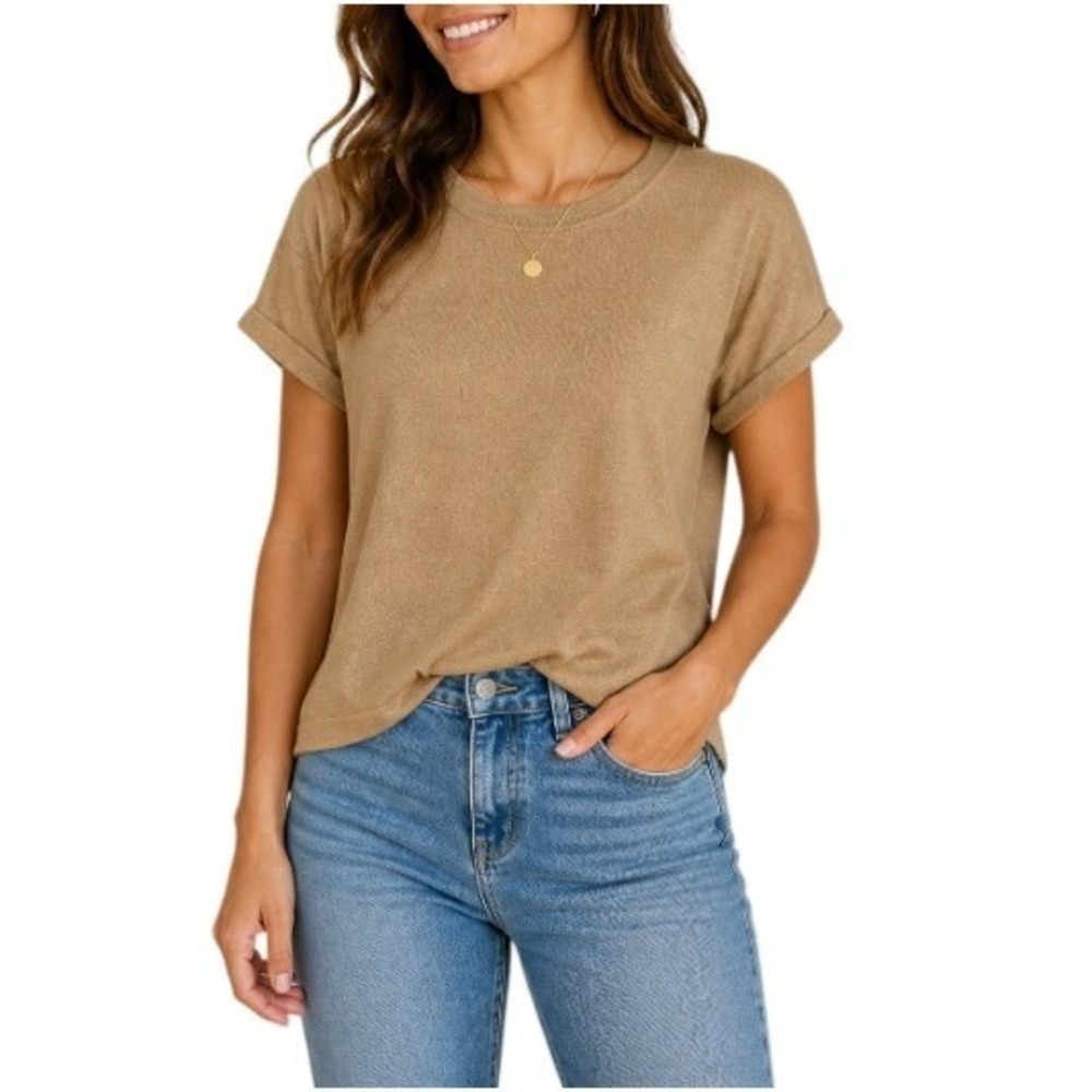 Brunello Cucinelli Women's Gold Cashmere Silk Metallic Short Sleeve Tee Size M
